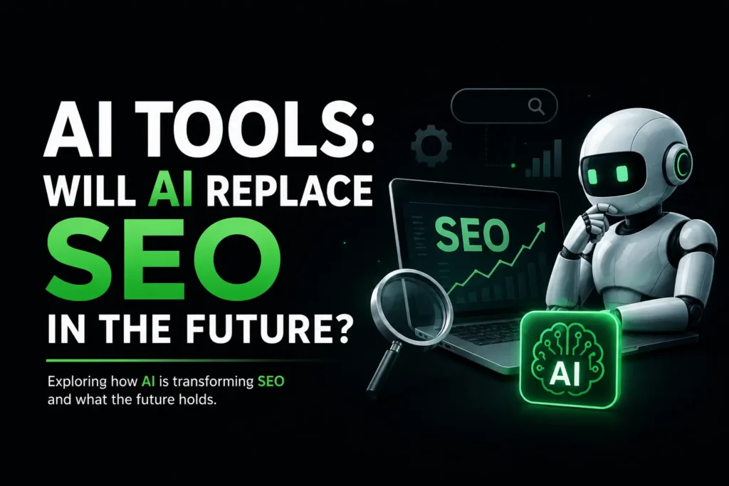 AI SEO tools concept image showing futuristic robot, SEO growth, and digital marketing automation on a dark professional background.