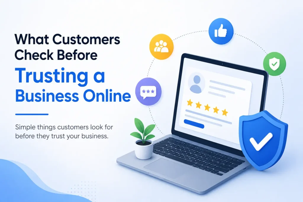 Trust a Business Online concept image showing website credibility, customer reviews, security, and professional online presence.