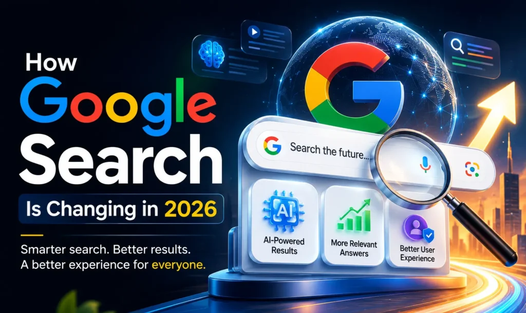 Google Search in 2026 illustration showing AI-powered search, user intent, and smarter search results