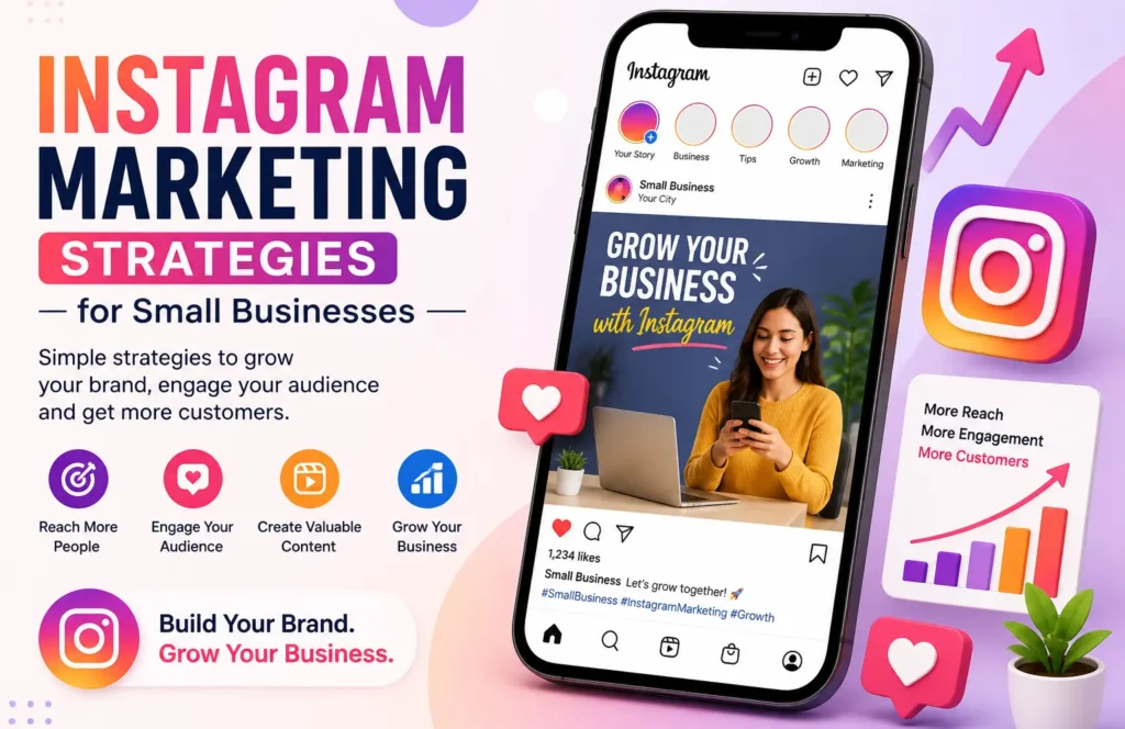 Instagram marketing strategies for small businesses showing social media growth, branding,