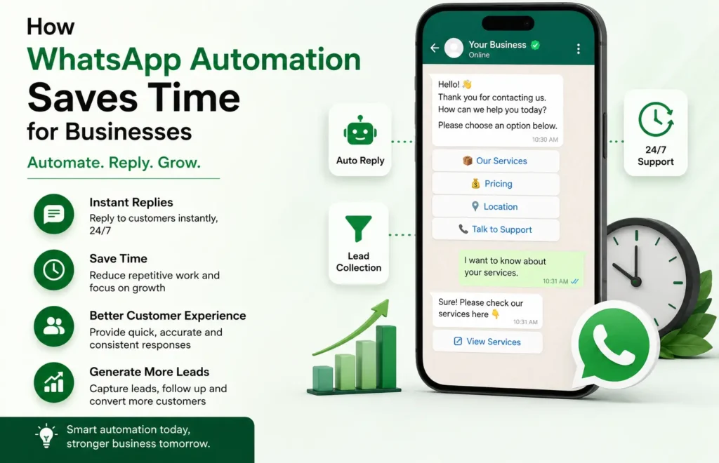 WhatsApp Automation for Businesses banner showing automated replies, lead generation, and customer support system for business growth.