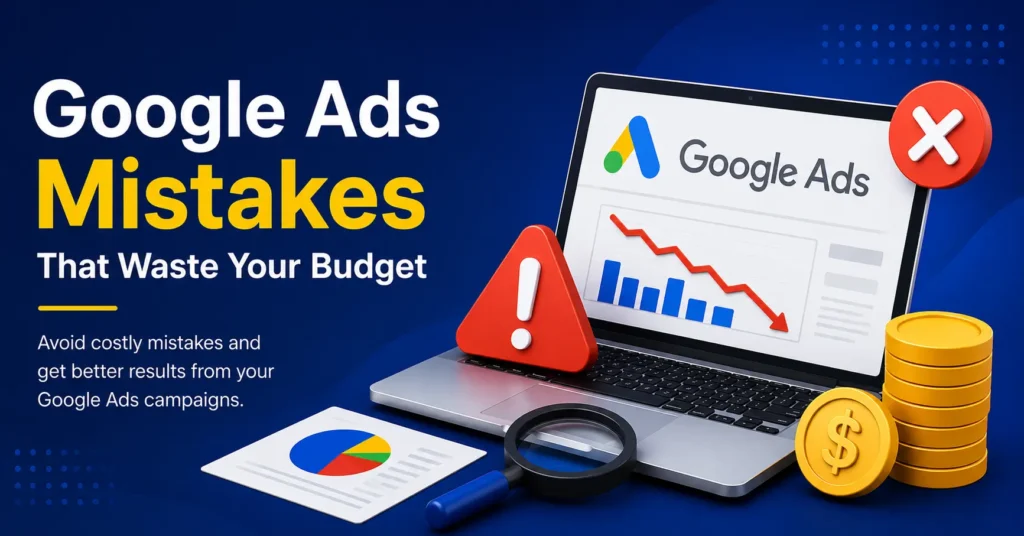 Google Ads Mistakes that waste your budget and reduce campaign performance. Learn how to avoid costly Google Ads mistakes and improve ROI with better campaign optimization.
